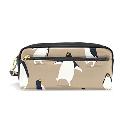 Colourlife Cute Penguins Playing Pu Leather Pencil Case Holder Pouch Makeup Bags For Boys Girls