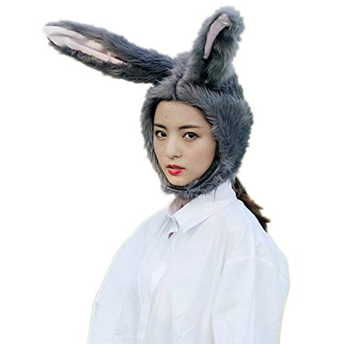 BOBILIKE Plush Fun Bunny Ears Hood Women Costume Hats Warm, Soft and Cozy, Grey2
