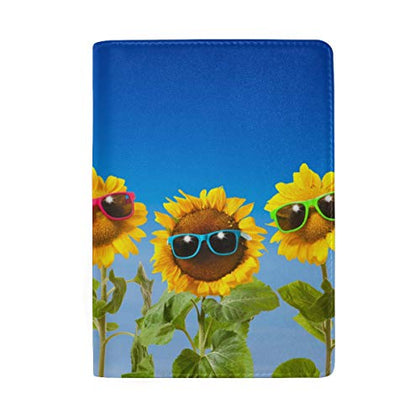 ColourLife Passport Cover Sunflowers With Sunglasses On Blue Leather Passport Holder Cover Case