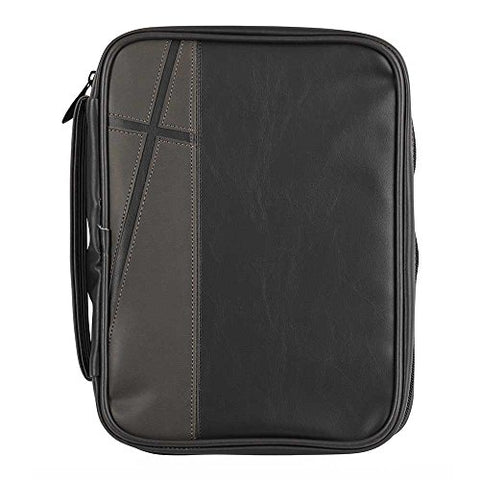 Black And Gray Cross Leather Look Bible Cover Case With Handle Large