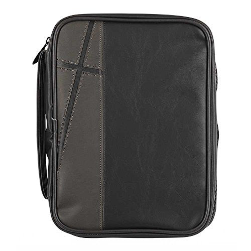 Black And Gray Cross Leather Look Bible Cover Case With Handle Large