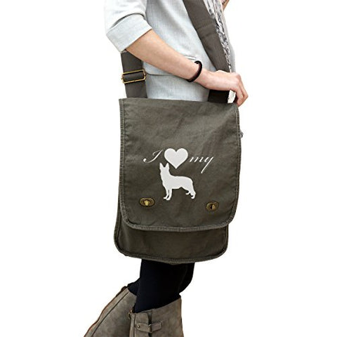 I Love My German Shepherd Dog Silhouette Heart 14 Oz. Authentic Pigment-Dyed Canvas Field Bag Tote