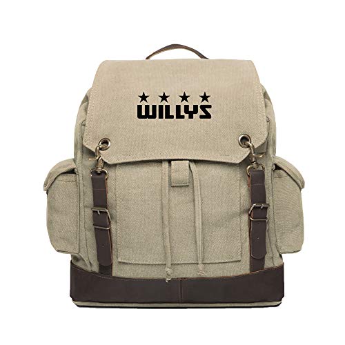 Willys Jeep Freedom Stars Canvas Rucksack Backpack w/Leather Straps, Khaki & Bk
