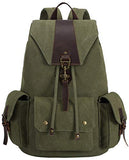 Canvas Vintage Backpack Leather Casual Men Women Laptop Travel Rucksack (Army green-B)