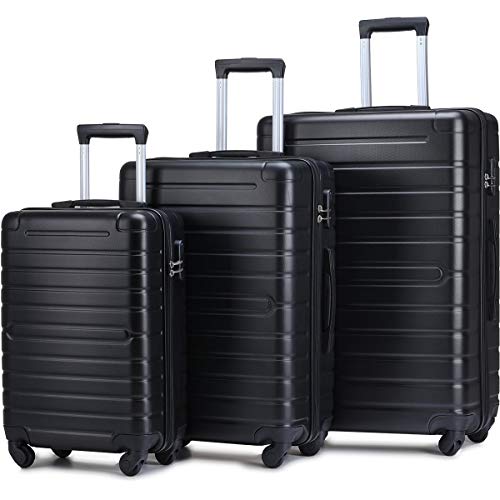 K-cliffs 3pcs Expandable Luggage Set Hard Side Suitcase Lightweight 3 ABS Spinner w/Lockable Zippers Black