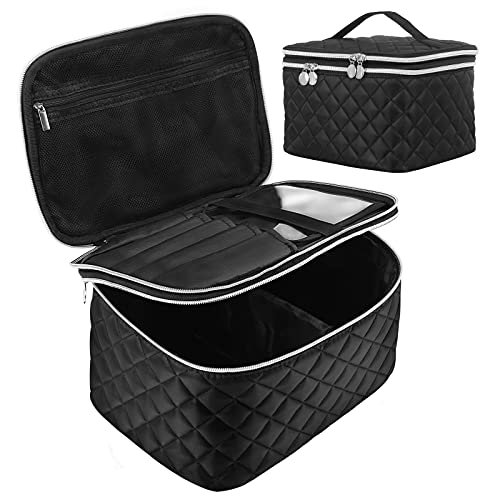 Besolo Double Layer Makeup Bag with Strap, Large Cosmetic Case for Women, Make Up Organizer for Brushes, Beauty, Eyeshadow Palette, Lipstick, Black
