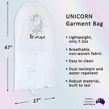 Dance Garment Bag For Costumes-Girls Unicorn Bag White Cover with 3 Large pockets at front BE UNIQUE UNICORN LOGO Strong Sturdy Zip at Back Great for Storage & Traveling 47x27 inches