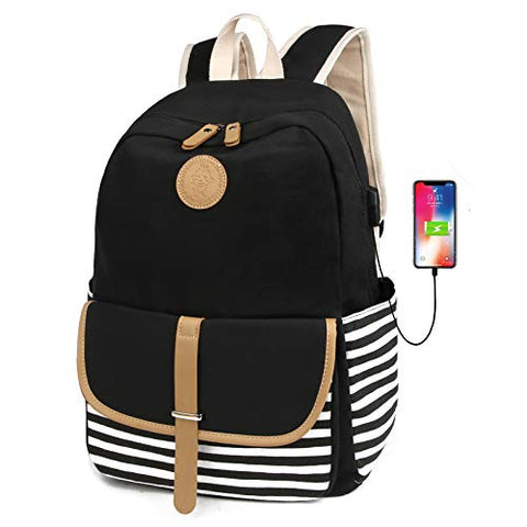 SCIONE School Backpacks for Women Teen Girls with USB Charging Port Lightweight Canvas Stripe Backpack Cute Girls Bookpack