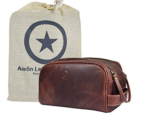 Leather Toiletry Bag for Men | Grooming Travel Kit | By Aaron Leather (Walnut - Dual Zipper)