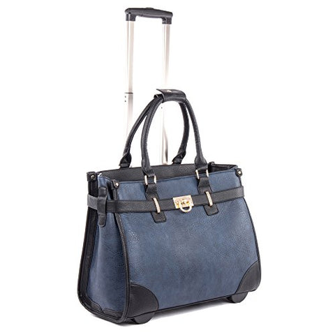 Bugatti Monica Ladies Business Bag On Wheels, Pebble Grain Synthetic Leather, Blue