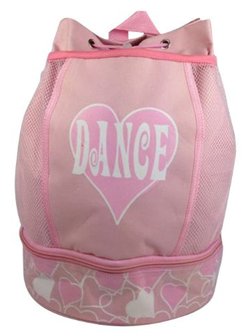 Glittered Heart Dance Drawstring Backpack With Netted Side Pockets (Pink Canvas Glittered Dance