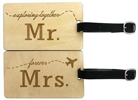 Mr Mrs Wooden Luggage Tags Travel Cute Couples Gift - 2 Pack