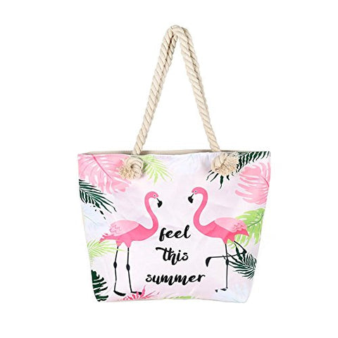 BIBITIME Canvas Tote Bag Flamingo Reusable Grocery Bags with Zipper Closure Two Thick Rope Hand