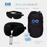 Everlasting Comfort 100% Memory Foam Travel Neck Pillow, Gel Infused & Ventilated, Airplane Accessory Kit with Sleep Mask and Earplugs, Black