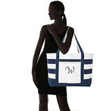 DALIX Premium Beach Bags Striped Navy Blue Zippered Tote Bag Monogrammed W