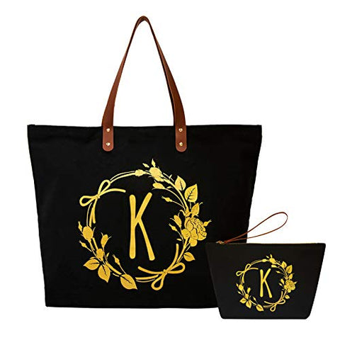 ElegantPark Monogrammed Gifts for Women K Initial Tote Bag Personalized Makeup Bag Wedding Gifts Birthday Teacher Gifts Bag Tote Cosmetic Bag Set of 2 Pcs Black