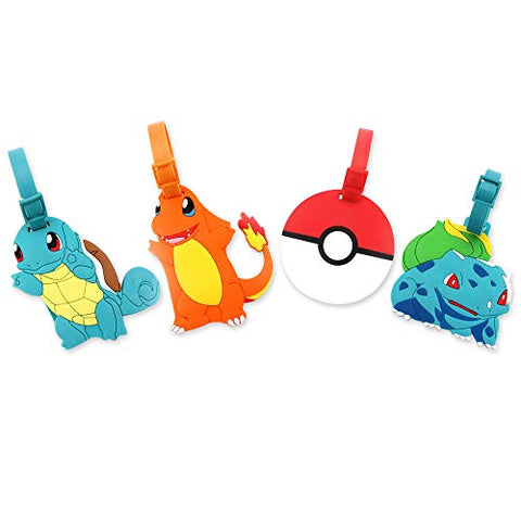 Finex 4 Pcs Set Pikachu Poke Ball Charmander Bulbasaur Squirtle Silicone Travel Luggage Baggage Identification Labels ID Tag for Bag Suitcase Plane Cruise Ships with Belt Strap