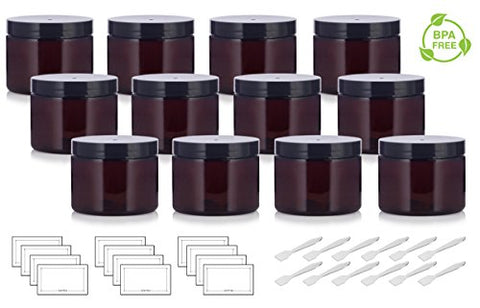 Amber PET Plastic (BPA Free) Refillable Low Profile Jar - 6 oz (12 Pack) + Spatulas and Labels