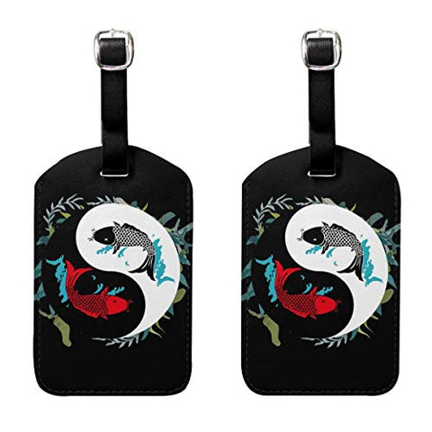 Luggage Tags Yinyang Kio Fish Travel Bag ID Card Label Tag PU Leather For Baggage Suitcase(2Pack)
