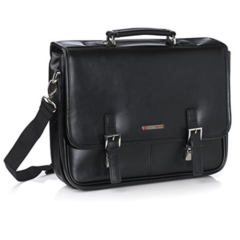 Alpine Swiss Leather Briefcase Dressy Double Buckle Flap-Over Black