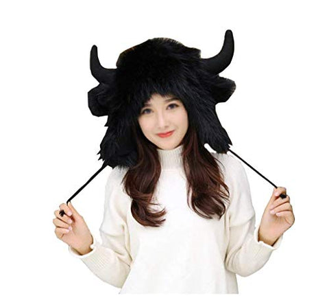 BOBILIKE Plush Fun Raindeer Ears Hood Women Costume Hats Warm, Soft and Cozy, Buffalo Black