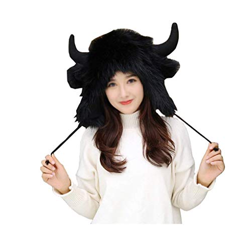 BOBILIKE Plush Fun Raindeer Ears Hood Women Costume Hats Warm, Soft and Cozy, Buffalo Black