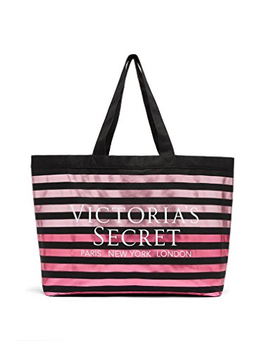 Victorias Secret Metallic Striped Canvas Tote Black & Pink