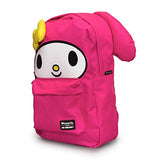 Loungefly school backpack featuring Sanrio's My Melody character. Cute extras include 3d ears and bow with embroidered details. Bag has a roomy front pocket, interior laptop pocket and a patterned lining. Exterior has a top handle, reinforced adjustable s