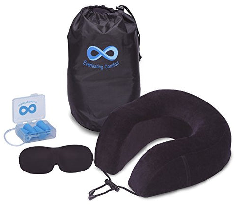 Everlasting Comfort 100% Pure Memory Foam Neck Pillow Airplane Travel Kit With Ultra Plush Velour