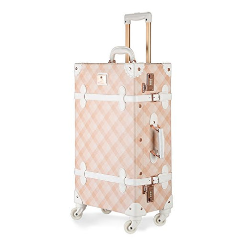 Unitravel Vintage Luggage Grid PU Leather Retro Suitcase Spinner Wheels Women