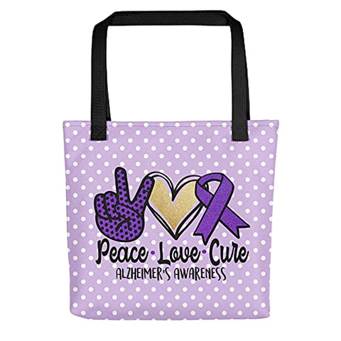Brain Health and Alzheimer's Awareness Tote Bag Peace Love Cure Purple Polka Dot Custom Design Size 15" x 15"