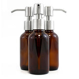 Amber Brown 4-Ounce Glass Bottles with Stainless Steel Pump Nozzles (4 Pack); Empty Boston Round Bottles Ideal for Lotion & Liquid Soap