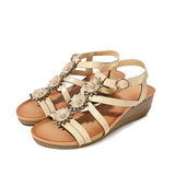 ♡QueenBB♡ Womens Wedge Sandals Summer Rhinestone Bohemian Beaded Ankle Strap Beach Wear Sandal Khaki