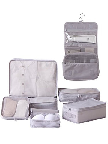 Travel Packing Cubes 7 Set, JJ POWER Luggage Organizers with toiletry kit shoe bag (Gray)