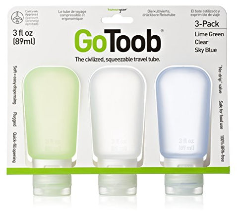 humangear GoToob 3-Pack Travel Bottle, Clear/Green/Blue