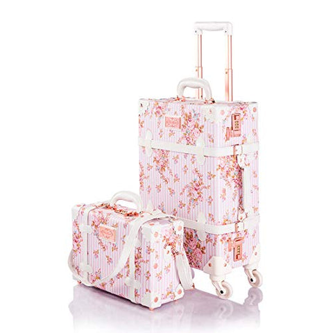 COTRUNKAGE Small 20" Vintage Luggage Set 2 Pieces Carry On Suitcase for Womens (20" & 13", Pink Floral)