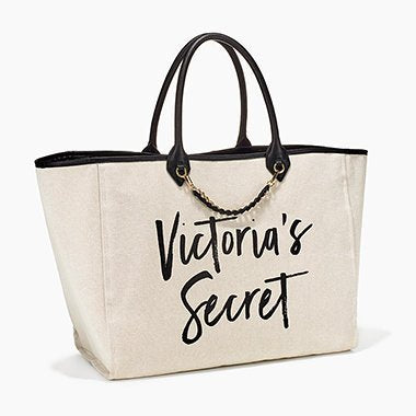 Victorias Secret Tote Canvas White Gold Chain Leather Black Handle