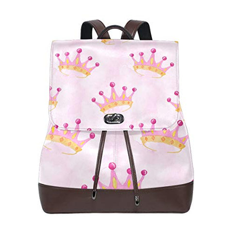 Pink Watercolor Crown Women's Genuine Leather Backpack Bookbag School Purse Shoulder Bag