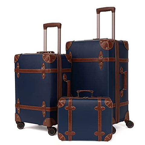 NZBZ Vintage Luggage Sets with Spinner Wheels Carry On Suitcase Tsa Lock Luggage 3 Pieces (Navy Blue, 14inch & 20inch & 28inch)