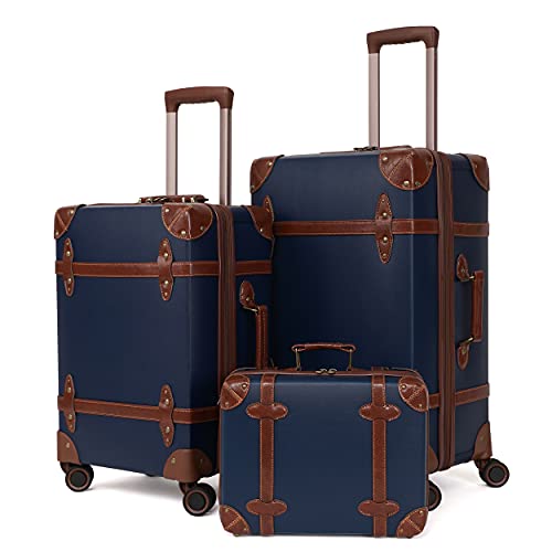 NZBZ Vintage Luggage Sets with Spinner Wheels Carry On Suitcase Tsa Lock Luggage 3 Pieces (Navy Blue, 14inch & 20inch & 28inch)