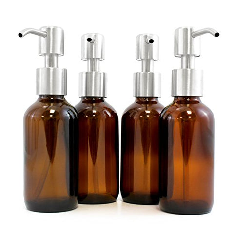 Amber Brown 4-Ounce Glass Bottles with Stainless Steel Pump Nozzles (4 Pack); Empty Boston Round Bottles Ideal for Lotion & Liquid Soap