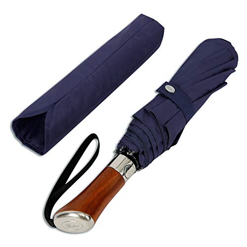 Balios (Designed in UK) Travel Umbrella | Luxurious Golden Rosewood Handle | Auto Open & Close |
