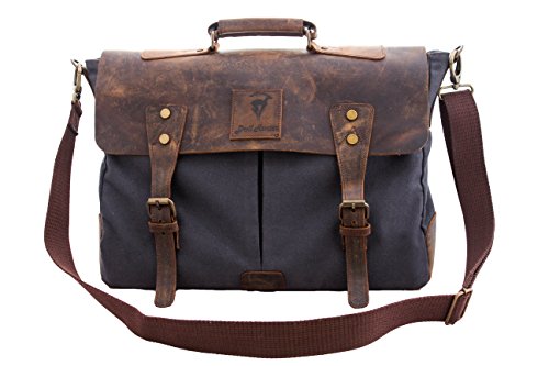 Devil Hunter Genuine Leather Vintage 16" Laptop Canvas Messenger Satchel Briefcase Bag Grey