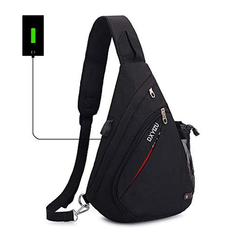 SINOKAL Sling Bag Chest Shoulder Backpack Casual Crossbody Shoulder Triangle Packs Daypacks for Men Women Canvas Digital Camera Bags with Charging Port for Sport Outdoor Gym Travel Hiking (Black)