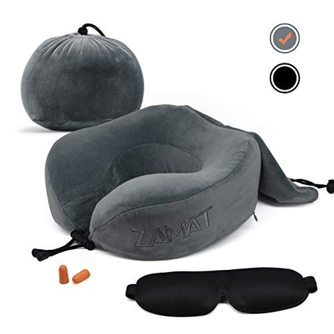 ZAMAT Breathable & Comfortable Memory Foam Travel Neck Pillow, U-Shaped Adjustable Airplane Car Flight Pillow, 360-Degree Head Support, Spandex Case Cover | Travel Kit with Earbuds & Eye Mask (Gray)