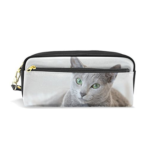 Colourlife Russian Blue Cat Pu Leather Pencil Case Holder Pouch Makeup Bags For Boys Girls Adults