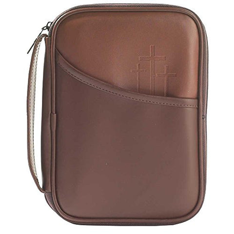 Three Crosses Brown 8.5 X 10.5 Inch Leather Like Vinyl Bible Cover Case With Handle Large