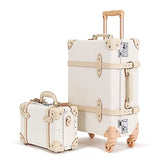 NZBZ Luxury Vintage Trunk Luggage Sets with Spinner Wheels and Tsa lock Genuine Leather Retro Suitcase (White, 24"+12")