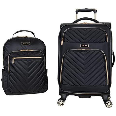 Kenneth Cole Reaction Women's Chelsea Luggage Chevron Softside 8-Wheel Spinner Expandable Suitcase Collection, Black, 2pc Bundle (Carry On+Backpack)