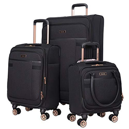 kensie Women's Hudson Softside 3-Piece Spinner Luggage Set, Black with Rose Gold, (20/24/28)